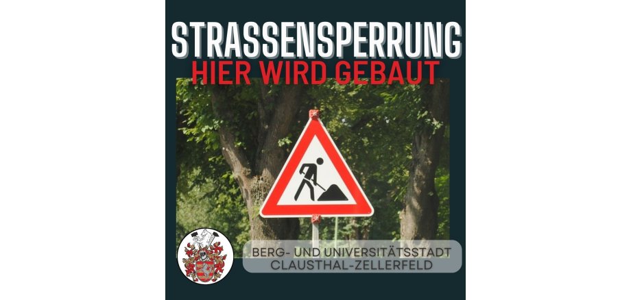 Straßenschild für Bauarbeiten mit Text "Straßensperrung"