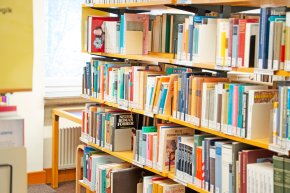 Ansicht von Büchern in einem Regal der Stadtbibliothek "Alter Bahnhof"
