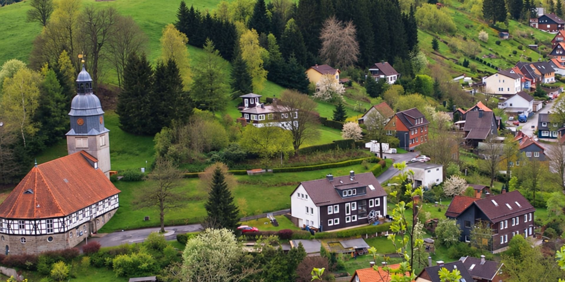 Dorfentwicklung Blick auf den Ort Wildemann mit der historischen Kirche, Wohnhäusern und grünen Berghängen.