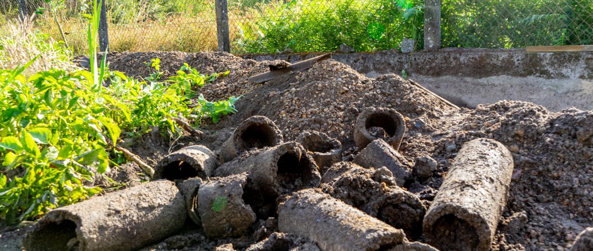 alte Rohre liegen auf einer Wiese