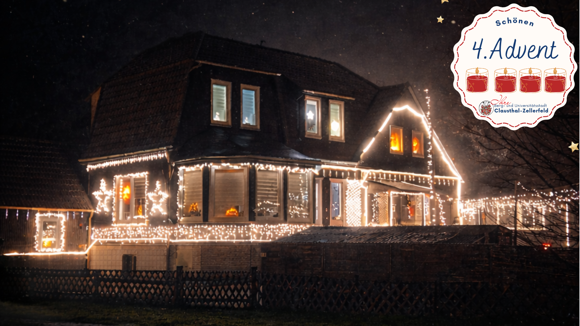 Gruß zum 4 Advent Beleuchtetes Haus Adventszeit Bild KI-optimiert