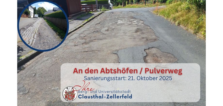 Hinweis zur Anliegerinformation für die Sanierungsarbeiten Mühlenstraße. Foto zeigt Straße mit Schäden, Stadtlogo