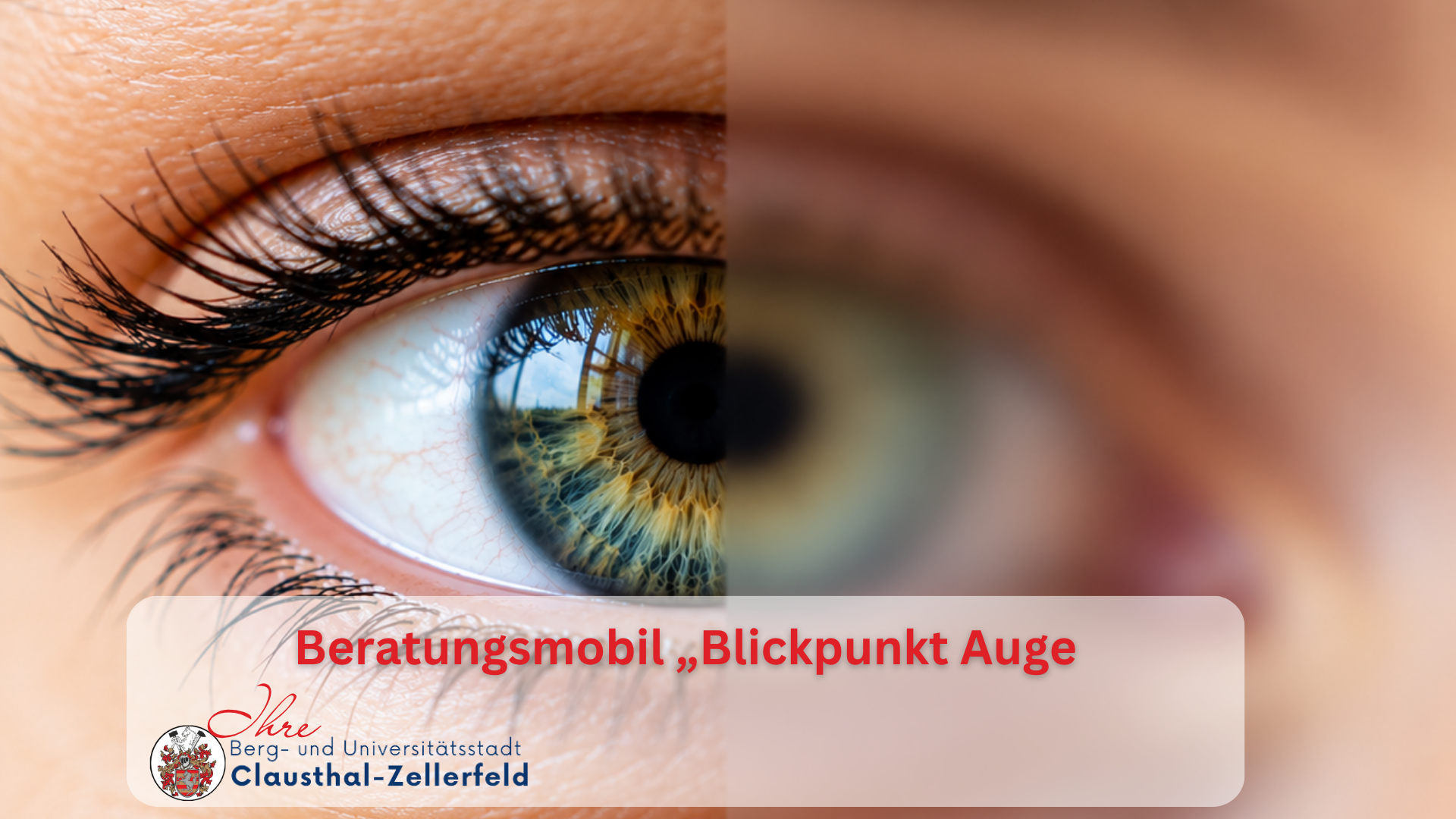 Beratungsmobil „Blickpunkt Auge Nahaufnahme eines menschlichen Auges. Die linke Bildhälfte ist scharf dargestellt, die rechte verschwommen. Das Bild verdeutlicht den Unterschied zwischen klarem und eingeschränktem Sehen.